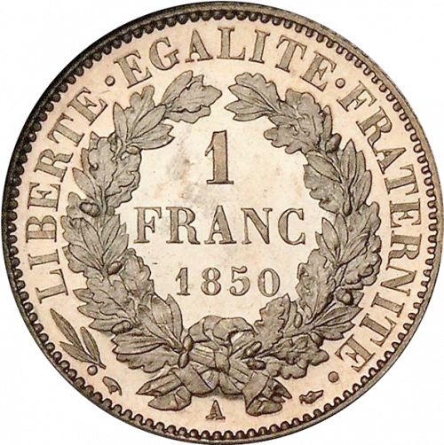 1 Franc Reverse Image minted in FRANCE in 1850A (1848-1852 - Second Republic)  - The Coin Database