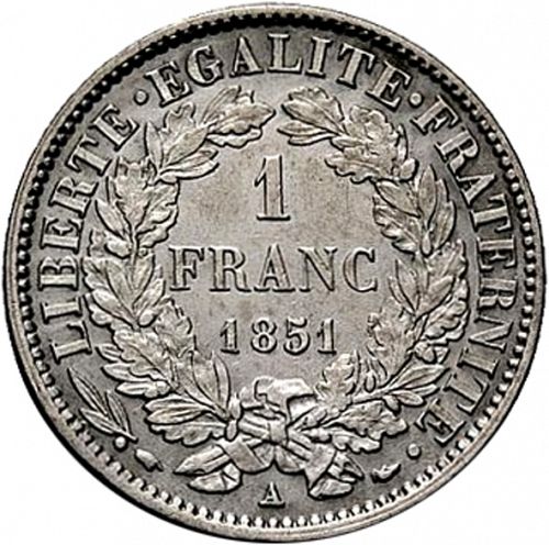 1 Franc Reverse Image minted in FRANCE in 1851A (1848-1852 - Second Republic)  - The Coin Database