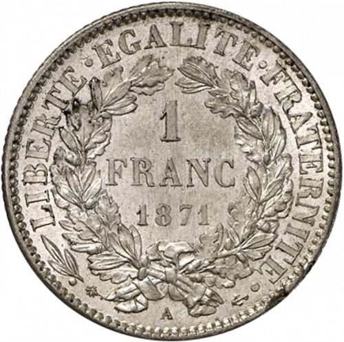 1 Franc Reverse Image minted in FRANCE in 1871A (1871-1940 - Third Republic)  - The Coin Database