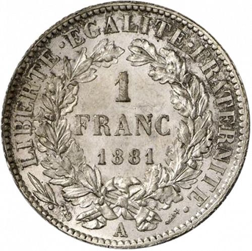 1 Franc Reverse Image minted in FRANCE in 1881A (1871-1940 - Third Republic)  - The Coin Database