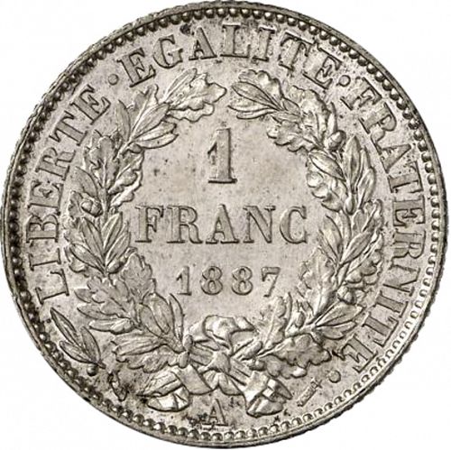 1 Franc Reverse Image minted in FRANCE in 1887A (1871-1940 - Third Republic)  - The Coin Database
