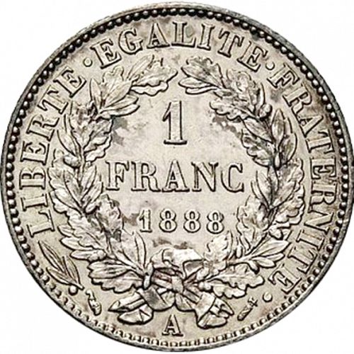1 Franc Reverse Image minted in FRANCE in 1888A (1871-1940 - Third Republic)  - The Coin Database