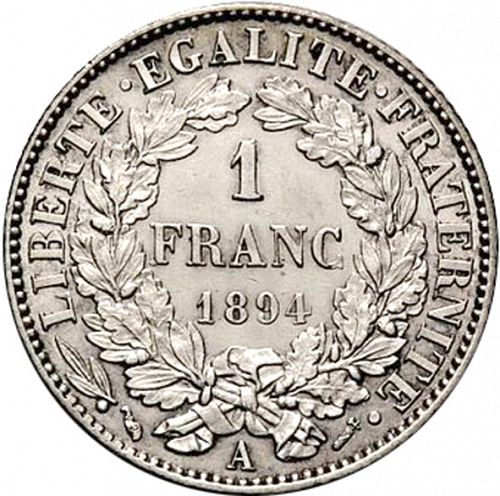 1 Franc Reverse Image minted in FRANCE in 1894A (1871-1940 - Third Republic)  - The Coin Database