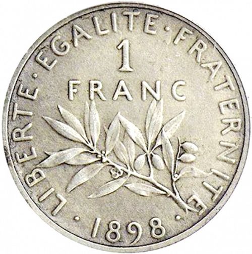 1 Franc Reverse Image minted in FRANCE in 1898 (1871-1940 - Third Republic)  - The Coin Database