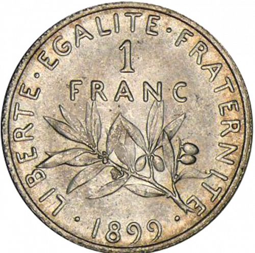 1 Franc Reverse Image minted in FRANCE in 1899 (1871-1940 - Third Republic)  - The Coin Database