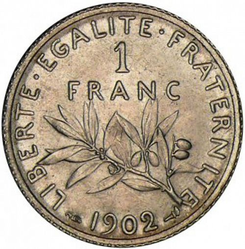 1 Franc Reverse Image minted in FRANCE in 1902 (1871-1940 - Third Republic)  - The Coin Database