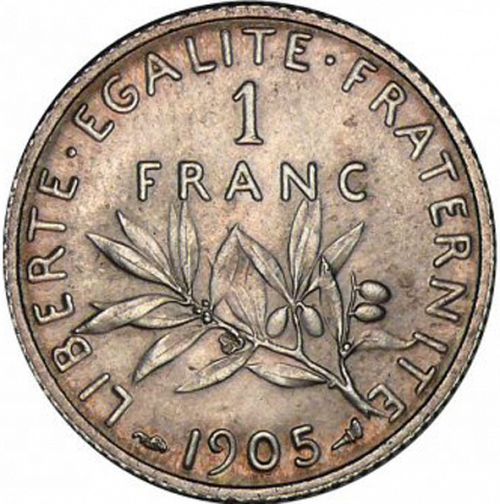 1 Franc Reverse Image minted in FRANCE in 1905 (1871-1940 - Third Republic)  - The Coin Database