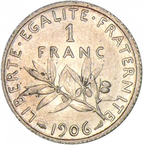 1 Franc Reverse Image minted in FRANCE in 1906 (1871-1940 - Third Republic)  - The Coin Database