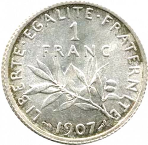 1 Franc Reverse Image minted in FRANCE in 1907 (1871-1940 - Third Republic)  - The Coin Database