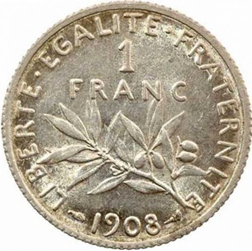 1 Franc Reverse Image minted in FRANCE in 1908 (1871-1940 - Third Republic)  - The Coin Database