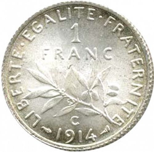 1 Franc Reverse Image minted in FRANCE in 1914C (1871-1940 - Third Republic)  - The Coin Database