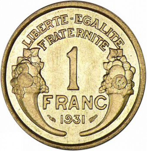 1 Franc Reverse Image minted in FRANCE in 1931 (1871-1940 - Third Republic)  - The Coin Database