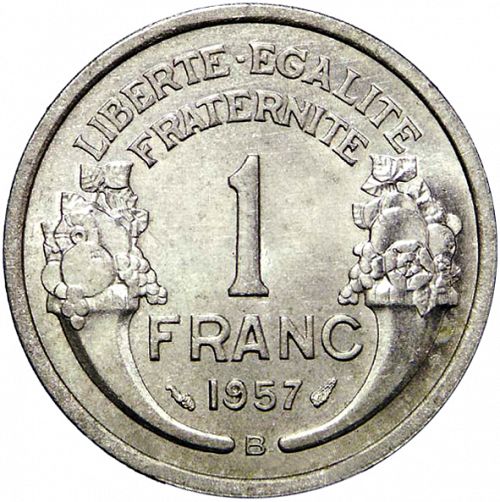 1 Franc Reverse Image minted in FRANCE in 1957B (1947-1958 - Fourth Republic)  - The Coin Database