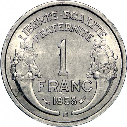1 Franc Reverse Image minted in FRANCE in 1958B (1947-1958 - Fourth Republic)  - The Coin Database