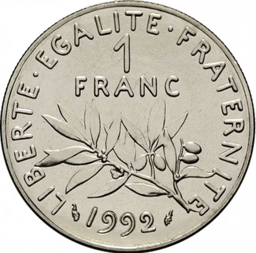 1 Franc Reverse Image minted in FRANCE in 1992 (1959-2001 - Fifth Republic)  - The Coin Database