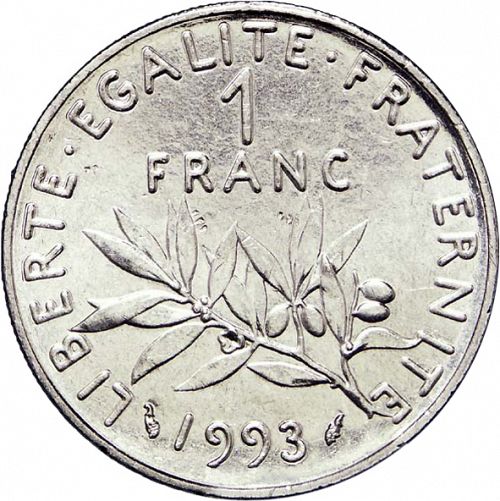 1 Franc Reverse Image minted in FRANCE in 1993 (1959-2001 - Fifth Republic)  - The Coin Database