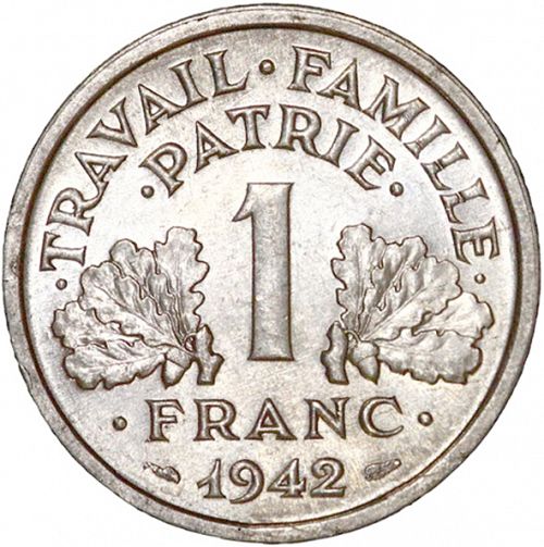 1 Franc Reverse Image minted in FRANCE in 1942 (1940-1944 - Vichy State)  - The Coin Database