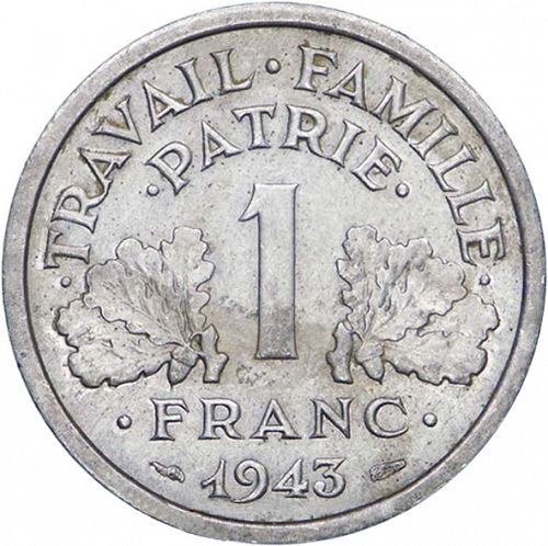 1 Franc Reverse Image minted in FRANCE in 1943 (1940-1944 - Vichy State)  - The Coin Database