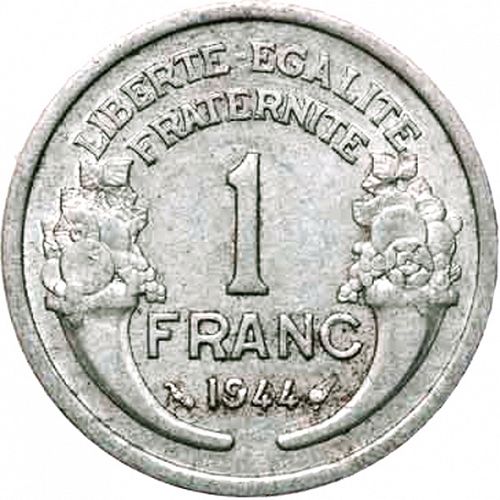 1 Franc Reverse Image minted in FRANCE in 1944 (1944-1947 - Provisional Government)  - The Coin Database