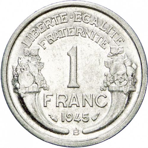 1 Franc Reverse Image minted in FRANCE in 1945B (1944-1947 - Provisional Government)  - The Coin Database