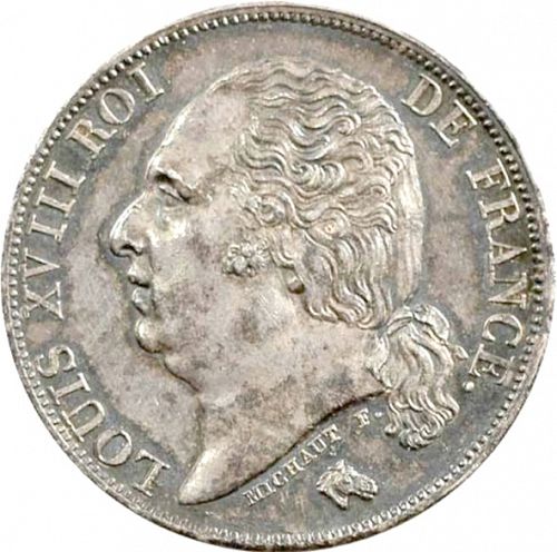 1 Franc Obverse Image minted in FRANCE in 1824A (1814-1824 - Louis XVIII)  - The Coin Database