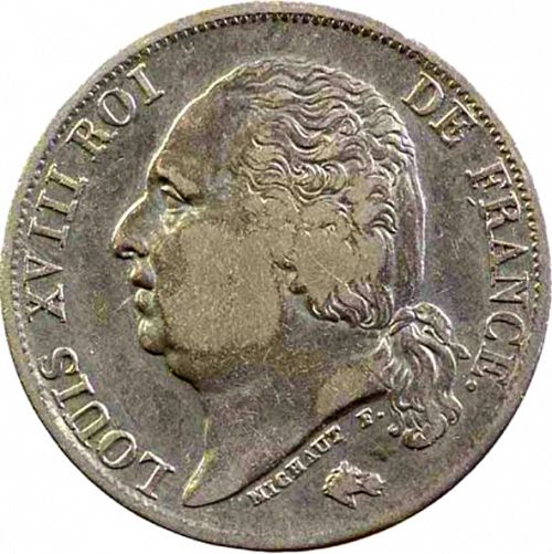 1 Franc Obverse Image minted in FRANCE in 1824B (1814-1824 - Louis XVIII)  - The Coin Database