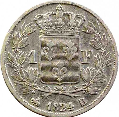 1 Franc Reverse Image minted in FRANCE in 1824B (1814-1824 - Louis XVIII)  - The Coin Database