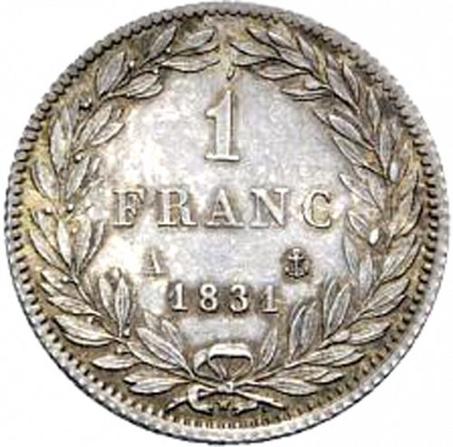 1 Franc Reverse Image minted in FRANCE in 1831A (1830-1848 - Louis Philippe I)  - The Coin Database