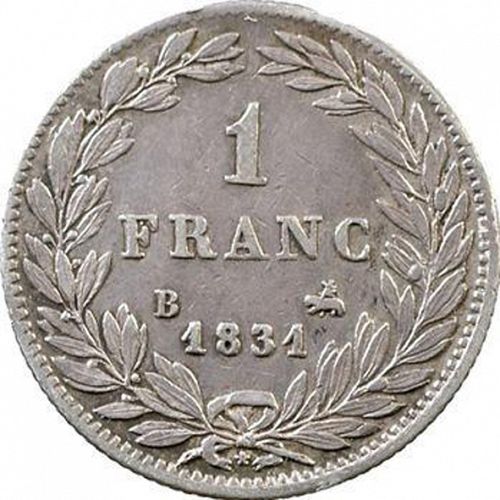 1 Franc Reverse Image minted in FRANCE in 1831B (1830-1848 - Louis Philippe I)  - The Coin Database