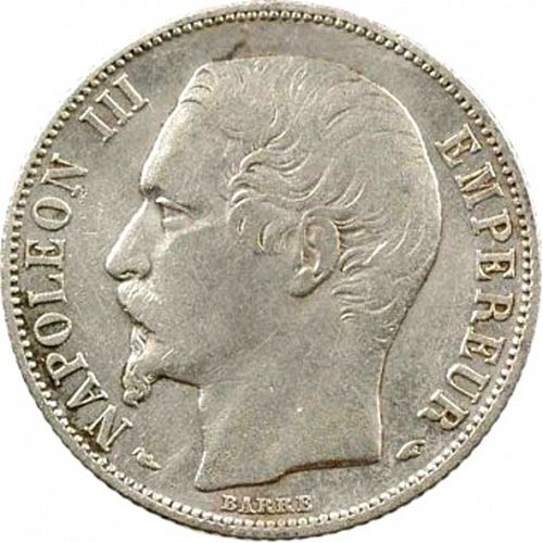 1 Franc Obverse Image minted in FRANCE in 1853A (1852-1870 - Napoléon III)  - The Coin Database