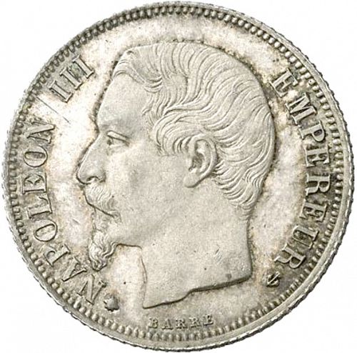 1 Franc Obverse Image minted in FRANCE in 1860BB (1852-1870 - Napoléon III)  - The Coin Database