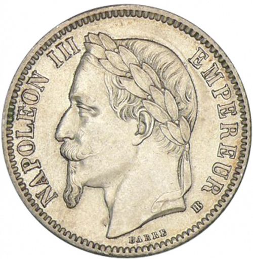 1 Franc Obverse Image minted in FRANCE in 1866BB (1852-1870 - Napoléon III)  - The Coin Database