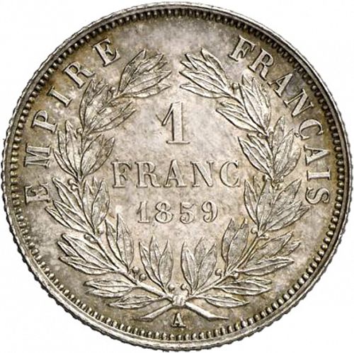 1 Franc Reverse Image minted in FRANCE in 1859A (1852-1870 - Napoléon III)  - The Coin Database