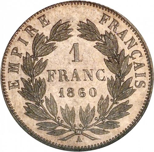 1 Franc Reverse Image minted in FRANCE in 1860A (1852-1870 - Napoléon III)  - The Coin Database