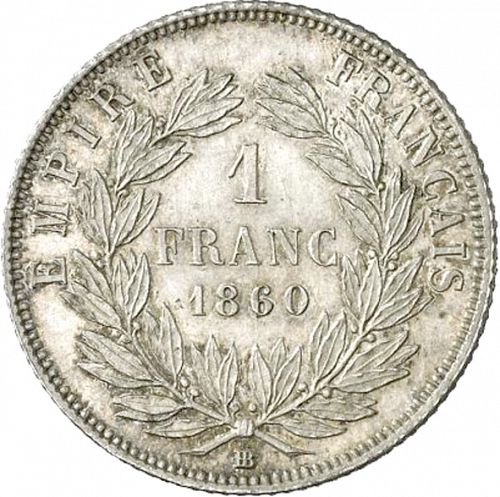 1 Franc Reverse Image minted in FRANCE in 1860BB (1852-1870 - Napoléon III)  - The Coin Database