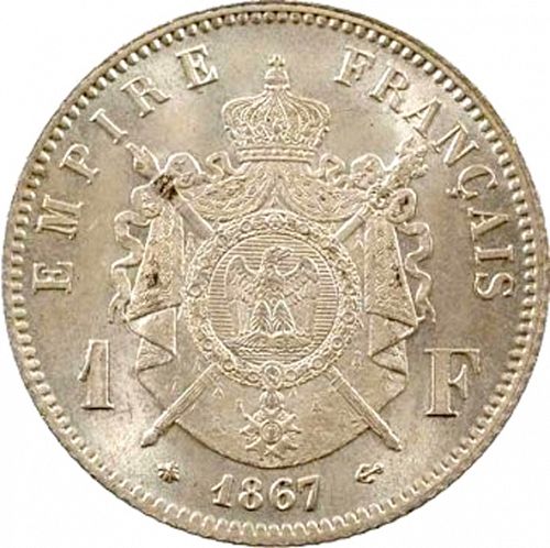 1 Franc Reverse Image minted in FRANCE in 1867A (1852-1870 - Napoléon III)  - The Coin Database