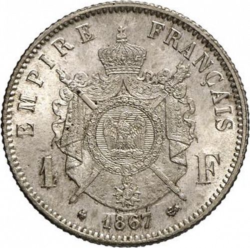 1 Franc Reverse Image minted in FRANCE in 1867BB (1852-1870 - Napoléon III)  - The Coin Database
