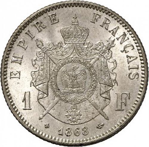 1 Franc Reverse Image minted in FRANCE in 1868BB (1852-1870 - Napoléon III)  - The Coin Database