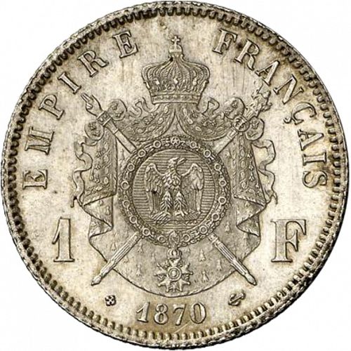 1 Franc Reverse Image minted in FRANCE in 1870BB (1852-1870 - Napoléon III)  - The Coin Database