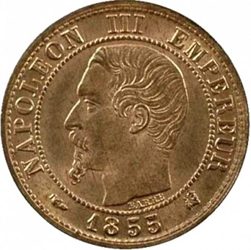 1 Centime Obverse Image minted in FRANCE in 1855K (1852-1870 - Napoléon III)  - The Coin Database