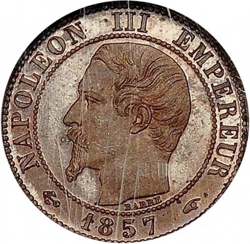 1 Centime Obverse Image minted in FRANCE in 1857A (1852-1870 - Napoléon III)  - The Coin Database