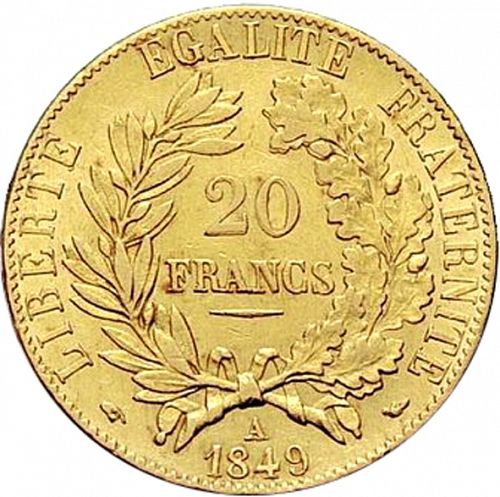 20 Francs Reverse Image minted in FRANCE in 1849A (1848-1852 - Second Republic)  - The Coin Database