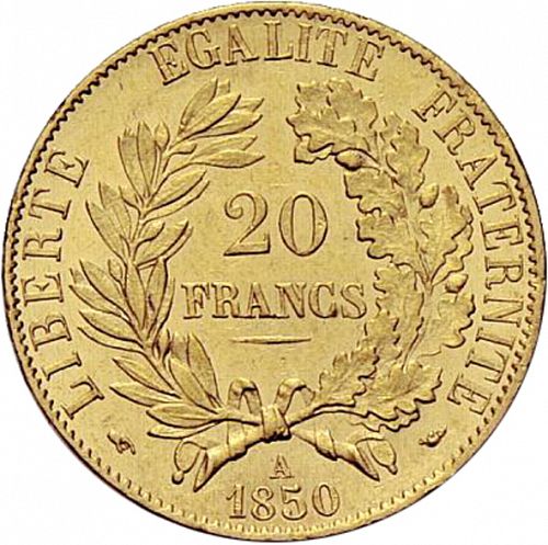 20 Francs Reverse Image minted in FRANCE in 1850A (1848-1852 - Second Republic)  - The Coin Database