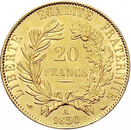 20 Francs Reverse Image minted in FRANCE in 1850A (1848-1852 - Second Republic)  - The Coin Database