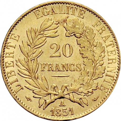 20 Francs Reverse Image minted in FRANCE in 1851A (1848-1852 - Second Republic)  - The Coin Database