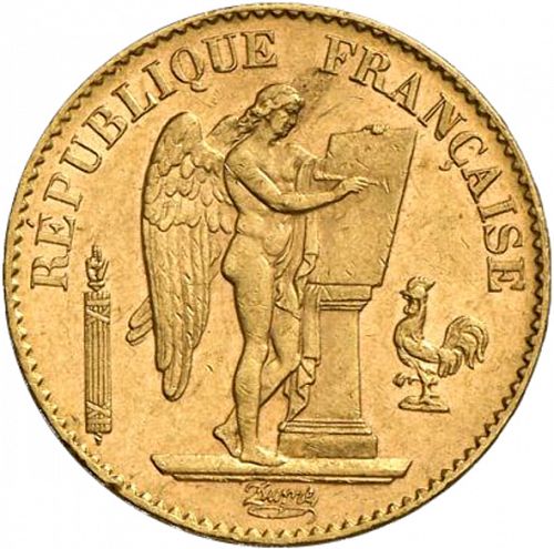 20 Francs Obverse Image minted in FRANCE in 1891A (1871-1940 - Third Republic)  - The Coin Database