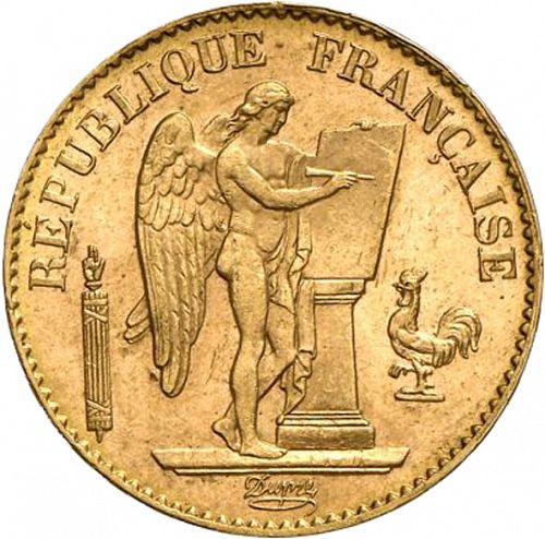 20 Francs Obverse Image minted in FRANCE in 1893A (1871-1940 - Third Republic)  - The Coin Database