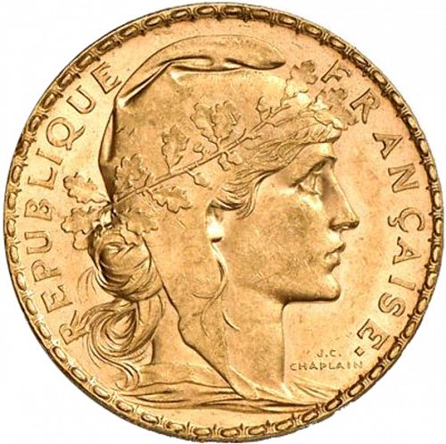 20 Francs Obverse Image minted in FRANCE in 1902 (1871-1940 - Third Republic)  - The Coin Database