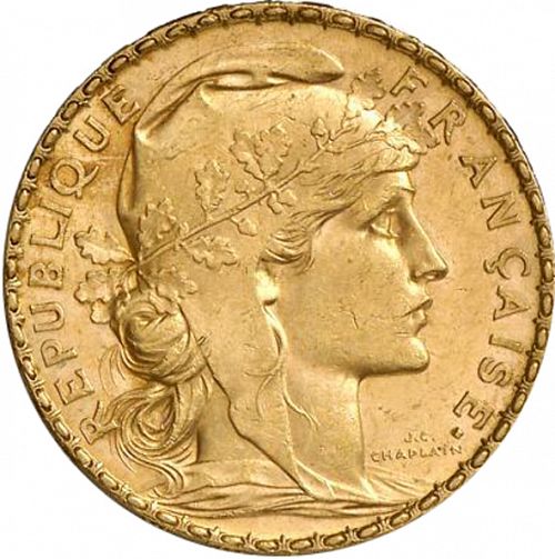 20 Francs Obverse Image minted in FRANCE in 1904 (1871-1940 - Third Republic)  - The Coin Database