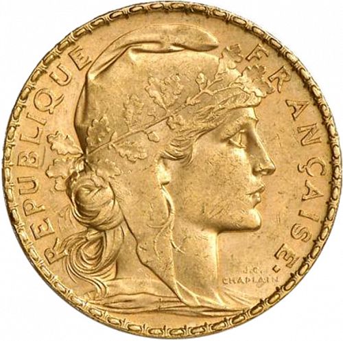 20 Francs Obverse Image minted in FRANCE in 1905 (1871-1940 - Third Republic)  - The Coin Database